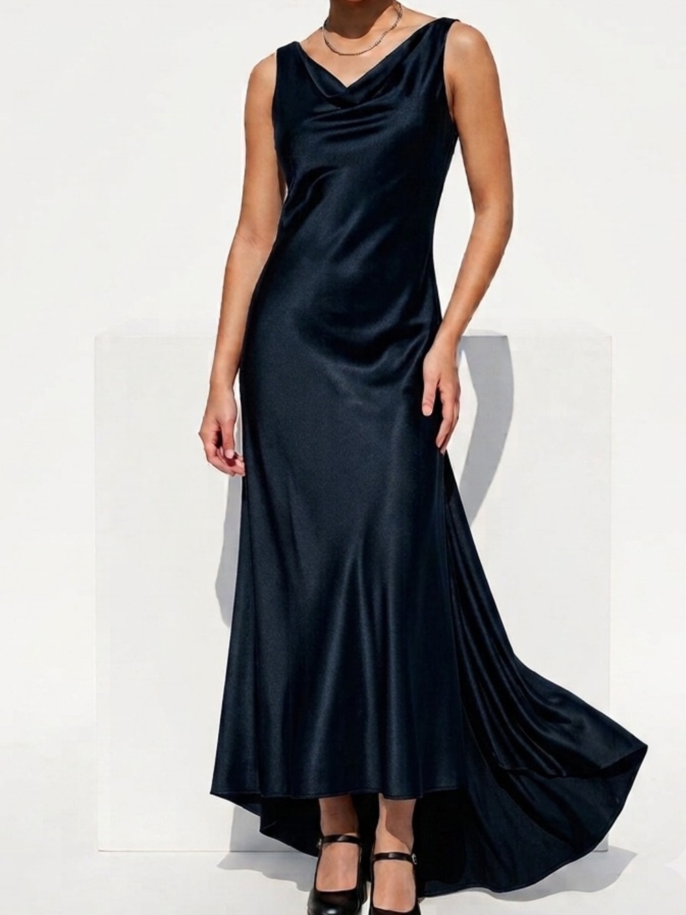 Vintage 90s Navy Satin Cowl Neck Slip Maxi Dress Evening Formal Goth Gown